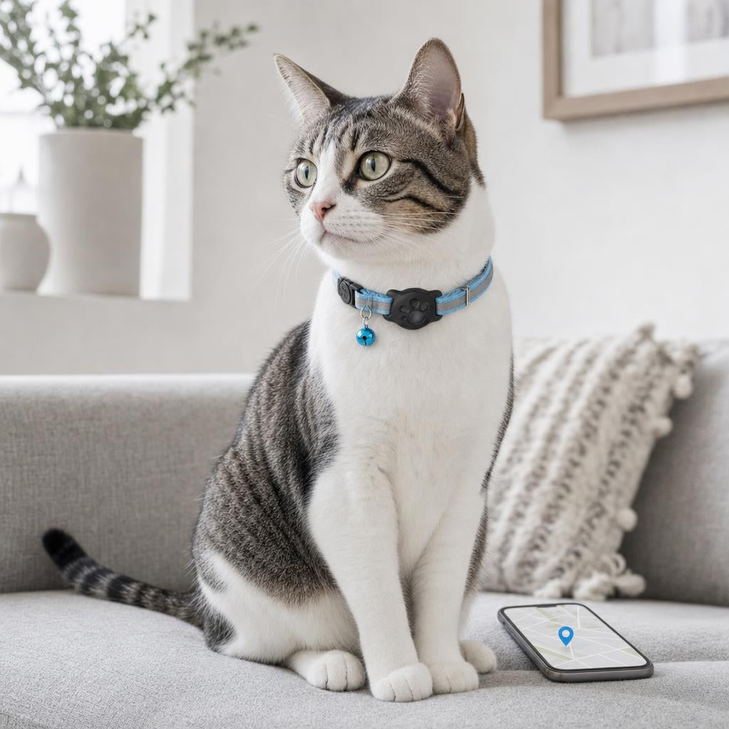 Katze mit Felinora Tracker-Halsband neben einem Handy mit Karte